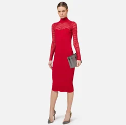 Elisabetta Franchi Dresses|Midi Dresses|Viscose midi dress with herringbone pattern RedPassion