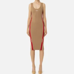 Elisabetta Franchi Midi Dresses|Knitted Dresses|Viscose midi dress with logo bands Camel/RedPassion