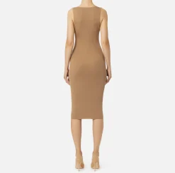 Elisabetta Franchi Midi Dresses|Knitted Dresses|Viscose midi dress with logo bands Camel/RedPassion
