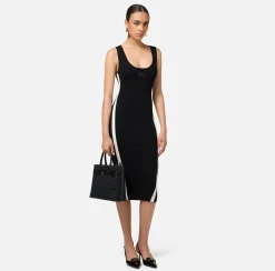 Elisabetta Franchi Midi Dresses|Knitted Dresses|Viscose midi dress with logo bands Black/Butter