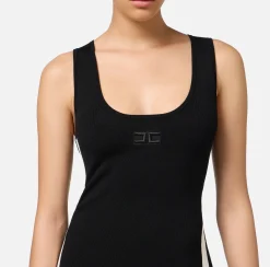 Elisabetta Franchi Midi Dresses|Knitted Dresses|Viscose midi dress with logo bands Black/Butter