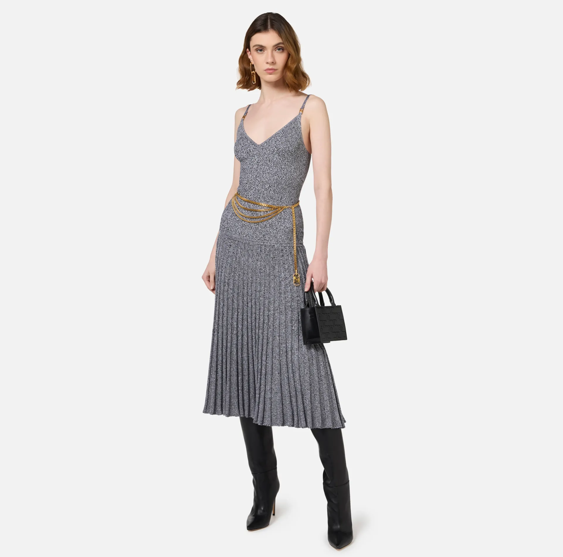Elisabetta Franchi Midi Dresses|Knitted Dresses|Viscose midi dress with pleated effect