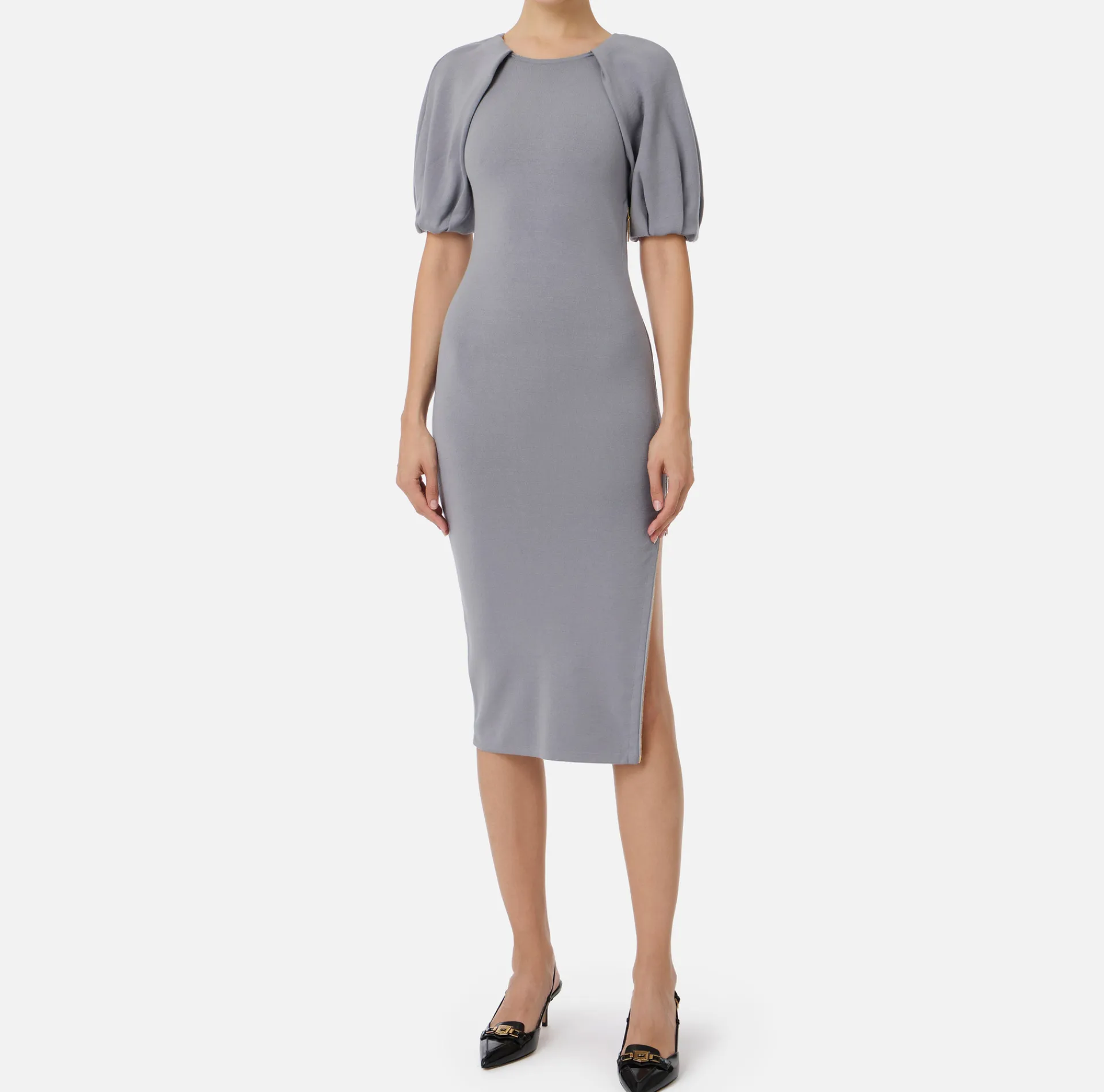 Elisabetta Franchi Knitted Dresses|Midi Dresses|Viscose midi dress with zip detail Steel