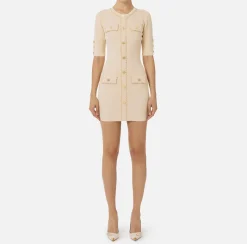 Elisabetta Franchi Knitted Dresses|Mini Dresses|Viscose mini dress with chain Cream