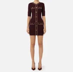 Elisabetta Franchi Knitted Dresses|Mini Dresses|Viscose mini dress with chain RougeNoir