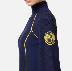 Elisabetta Franchi Mini Dresses|Knitted Dresses|Viscose mini-dress with logo patch Navy/Mimosa
