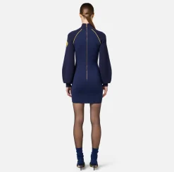 Elisabetta Franchi Mini Dresses|Knitted Dresses|Viscose mini-dress with logo patch Navy/Mimosa