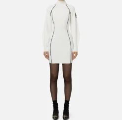 Elisabetta Franchi Mini Dresses|Knitted Dresses|Viscose mini-dress with logo patch Ivory/Black