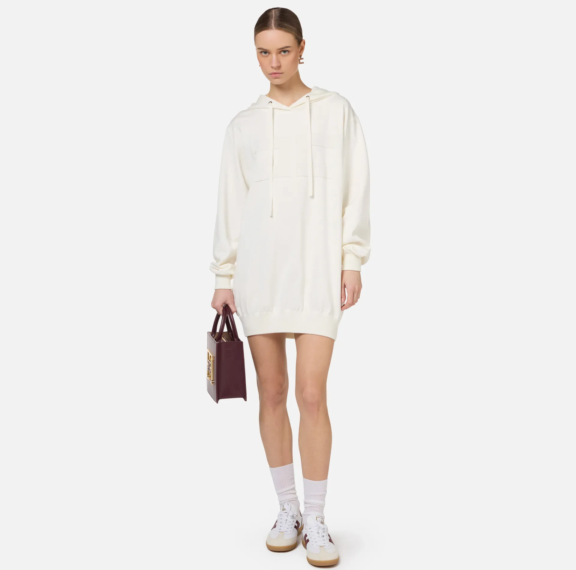 Elisabetta Franchi Mini Dresses|Knitted Dresses|Viscose sweatshirt dress with logo embroidery Ivory
