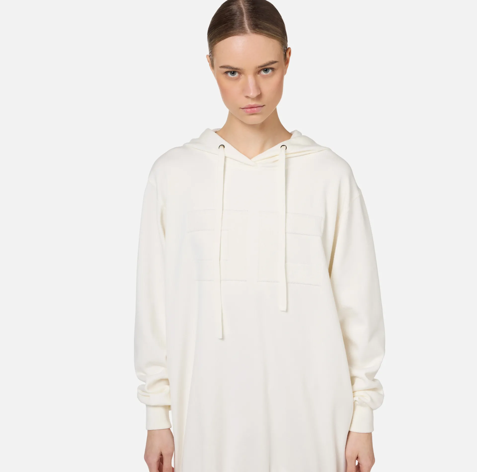 Elisabetta Franchi Mini Dresses|Knitted Dresses|Viscose sweatshirt dress with logo embroidery Ivory