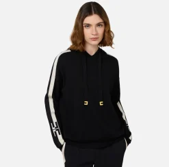Elisabetta Franchi Knitwear And Sweatshirts|Viscose sweatshirt with hood and logo bands Black/Butter