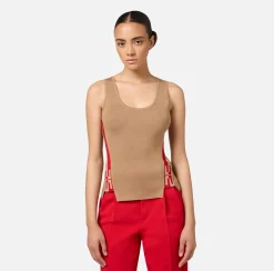 Elisabetta Franchi Top And T-Shirts|Viscose top with logoed bands Camel/RedPassion