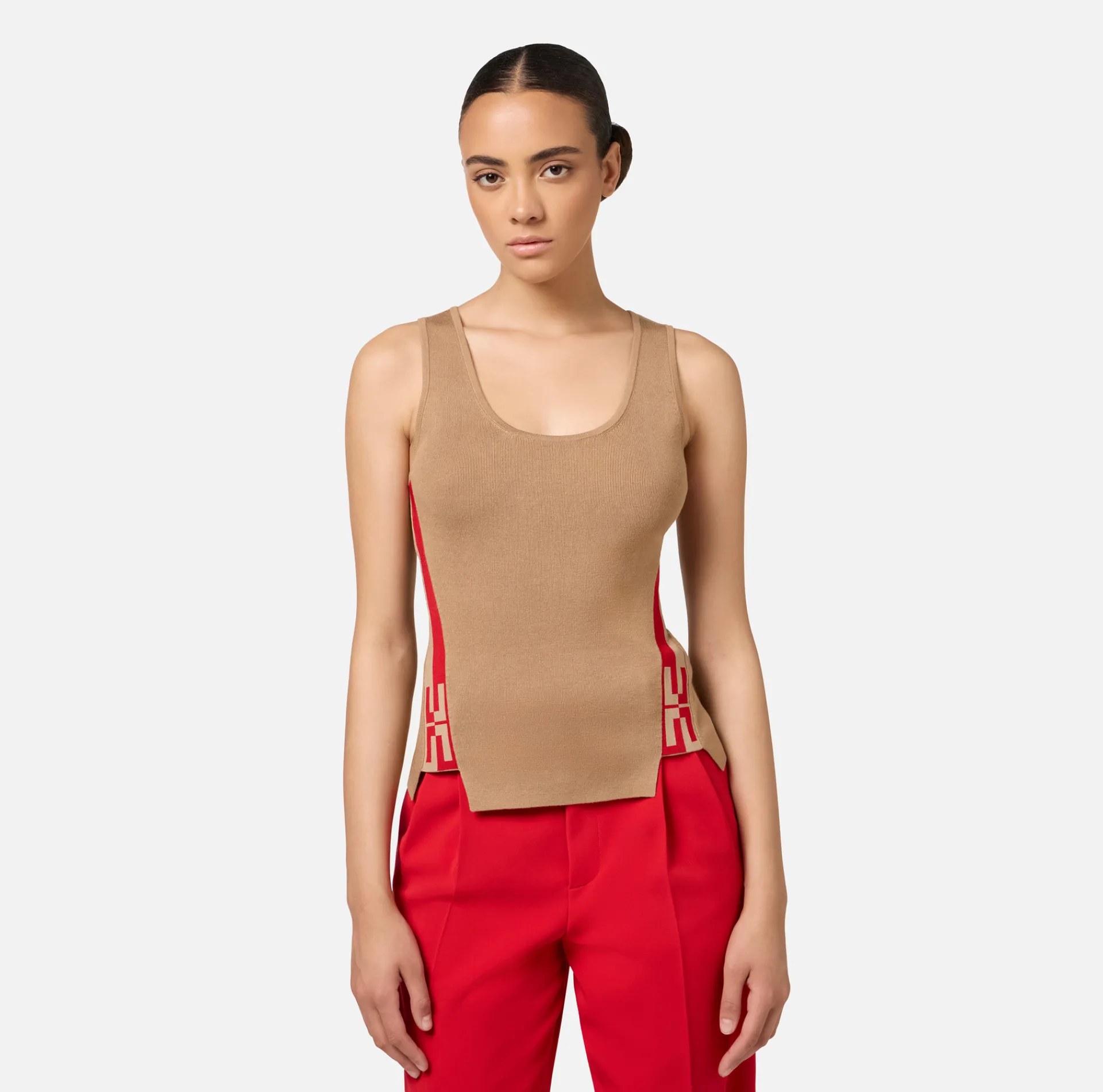 Elisabetta Franchi Top And T-Shirts|Viscose top with logoed bands Camel/RedPassion