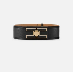 Elisabetta Franchi Belts|Wide leather belt with logo turn-lock Black
