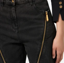 Elisabetta Franchi Jeans|Wide leg cotton jeans with zip Black
