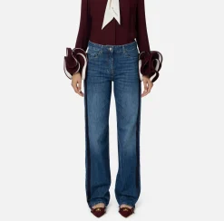 Elisabetta Franchi Jeans|Wide leg organic cotton jeans with satin bands DenimBlue