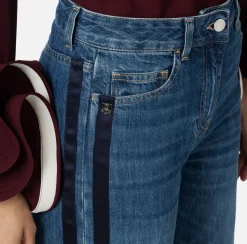 Elisabetta Franchi Jeans|Wide leg organic cotton jeans with satin bands DenimBlue