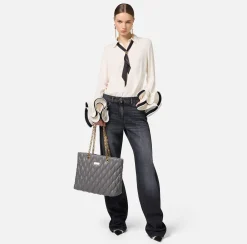 Elisabetta Franchi Jeans|Wide leg organic cotton jeans with satin bands Blackdenim