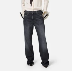 Elisabetta Franchi Jeans|Wide leg organic cotton jeans with satin bands Blackdenim