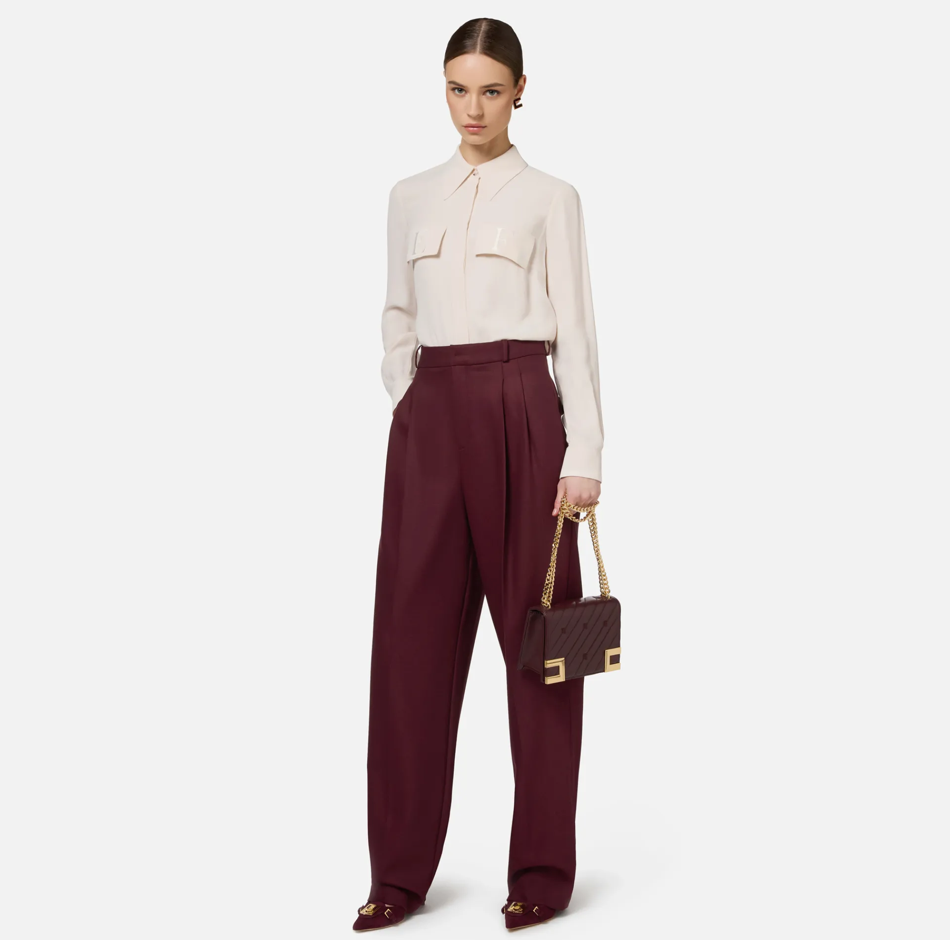Elisabetta Franchi Trousers And Shorts|Wide leg trousers with double darts in stretch cool wool fabric RougeNoir