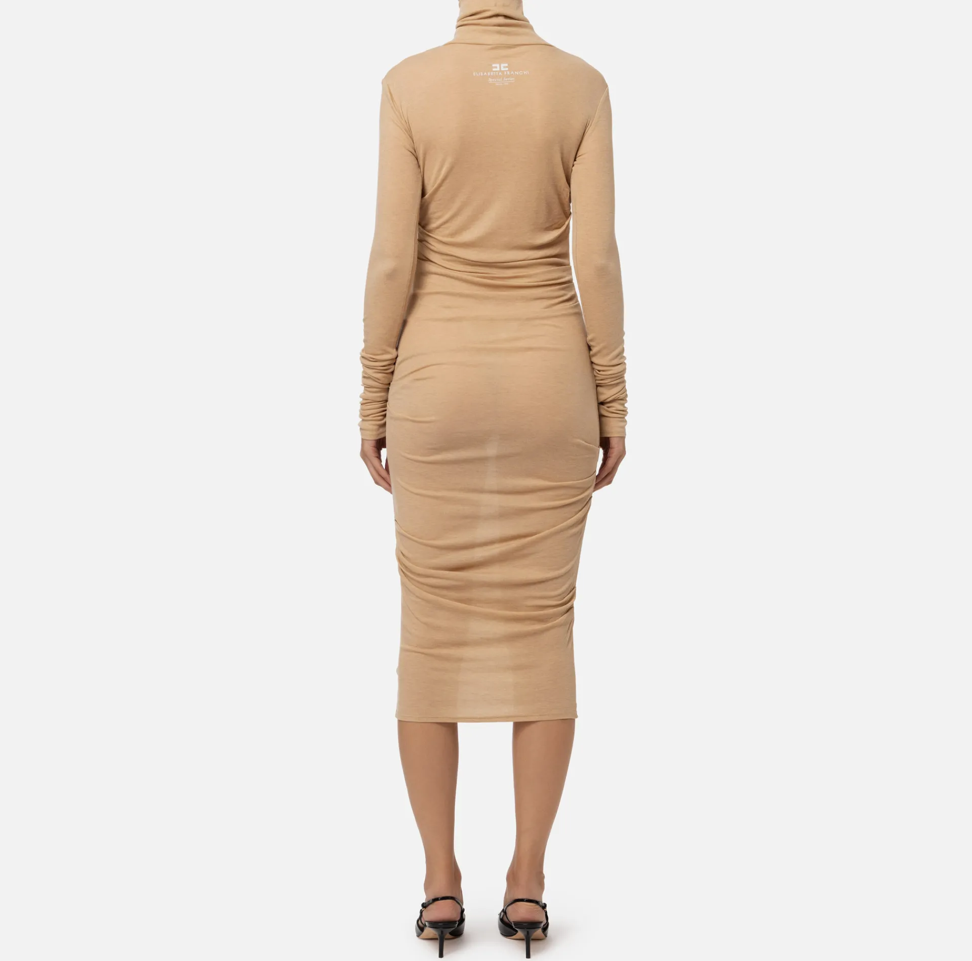 Elisabetta Franchi Midi Dresses|Dresses|Wool and jersey midi dress with logo Cappuccino