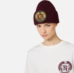 Elisabetta Franchi Hats|Wool beanie with logo patch RougeNoir