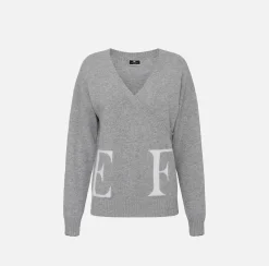 Elisabetta Franchi Knitwear And Sweatshirts|Wool blend crossover jumper with logo HeatherGrey/Ivory
