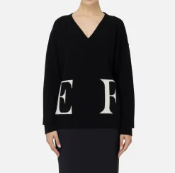 Elisabetta Franchi Knitwear And Sweatshirts|Wool blend crossover jumper with logo Black/Butter