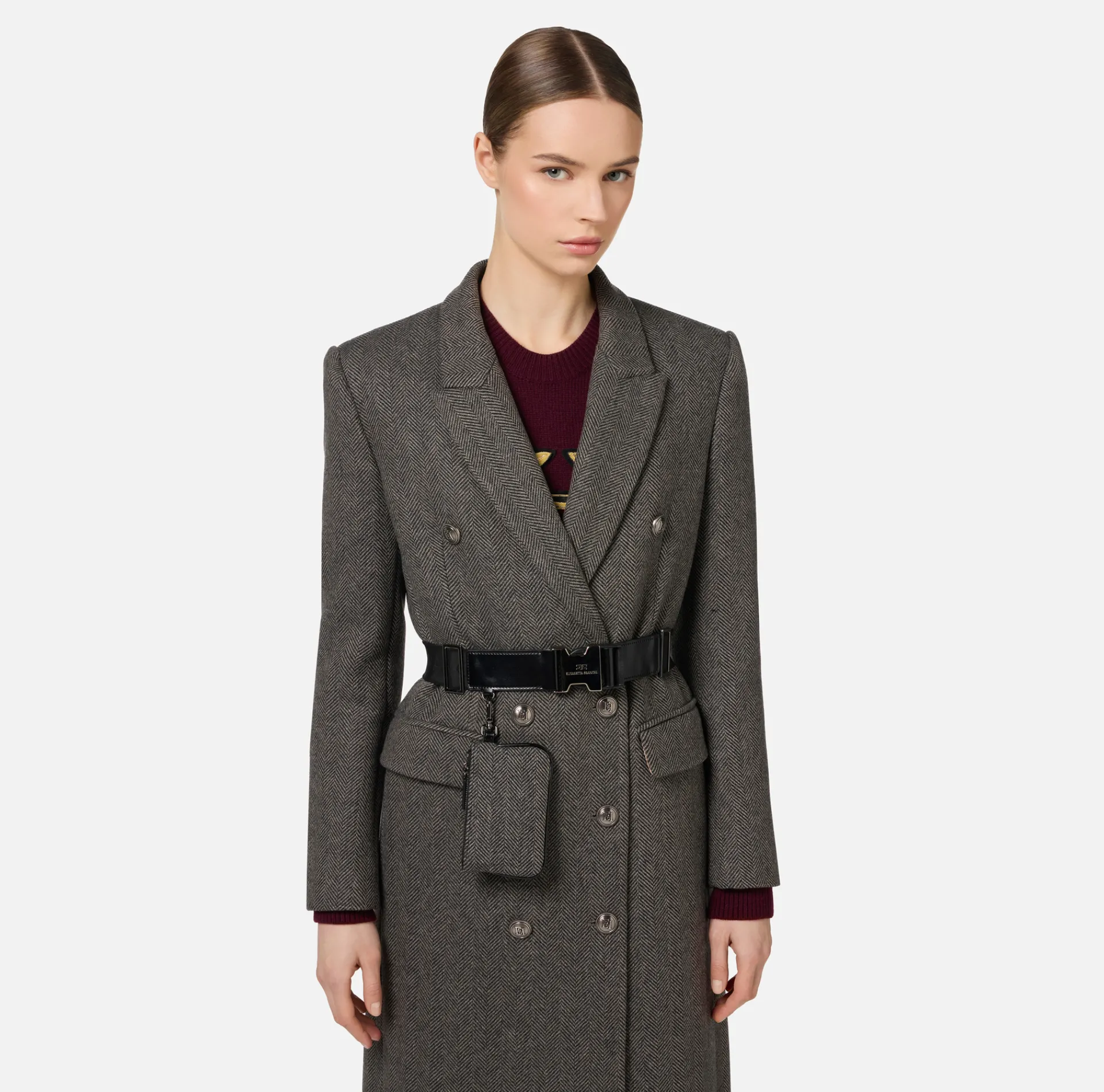 Elisabetta Franchi Coats And Jackets|Wool blend double-breasted coat with utility belt DoveGrey