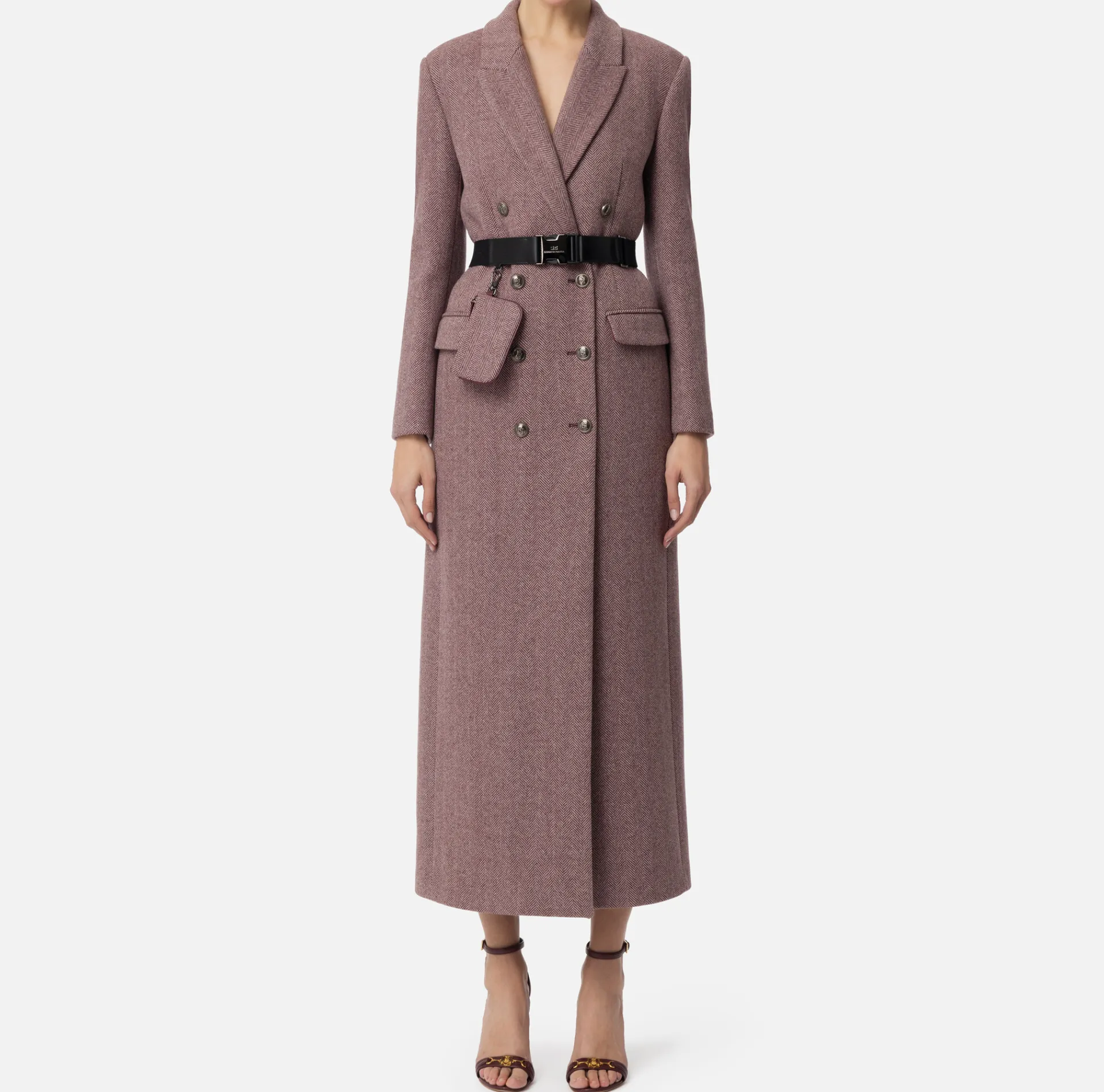 Elisabetta Franchi Coats And Jackets|Wool blend double-breasted coat with utility belt RougeNoir