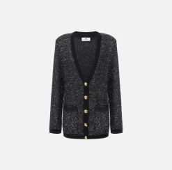 Elisabetta Franchi Knitwear And Sweatshirts|Wool cardigan with sequin thread Black/Silver