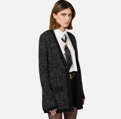 Elisabetta Franchi Knitwear And Sweatshirts|Wool cardigan with sequin thread Black/Silver