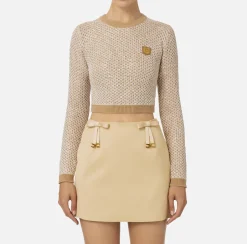 Elisabetta Franchi Knitwear And Sweatshirts|Wool cropped top with sequin thread Camel/Gold