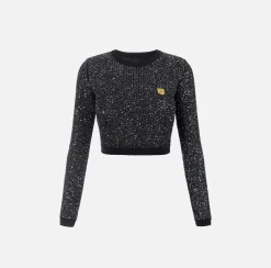 Elisabetta Franchi Knitwear And Sweatshirts|Wool cropped top with sequin thread Black/Silver