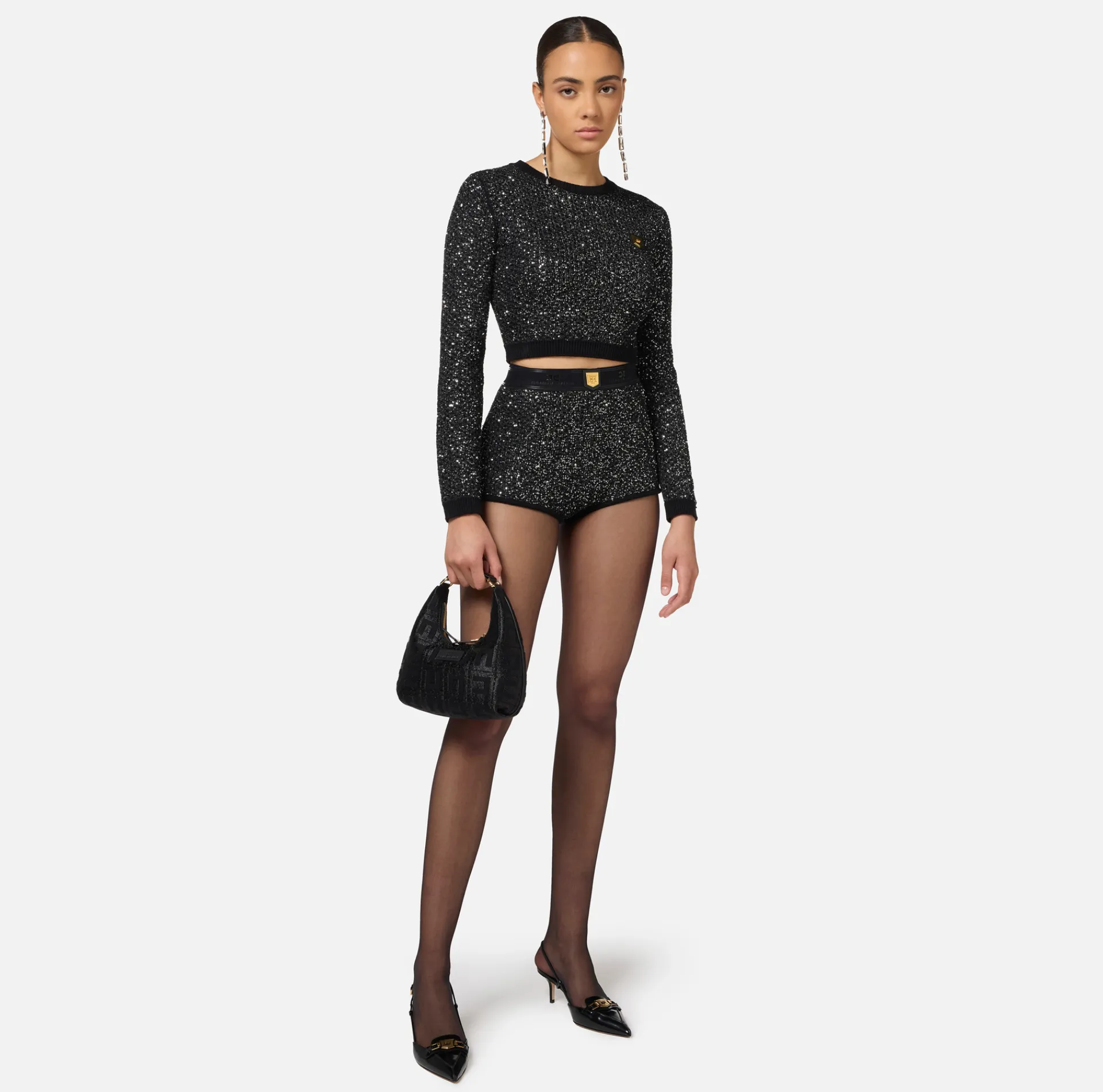 Elisabetta Franchi Knitwear And Sweatshirts|Wool cropped top with sequin thread Black/Silver