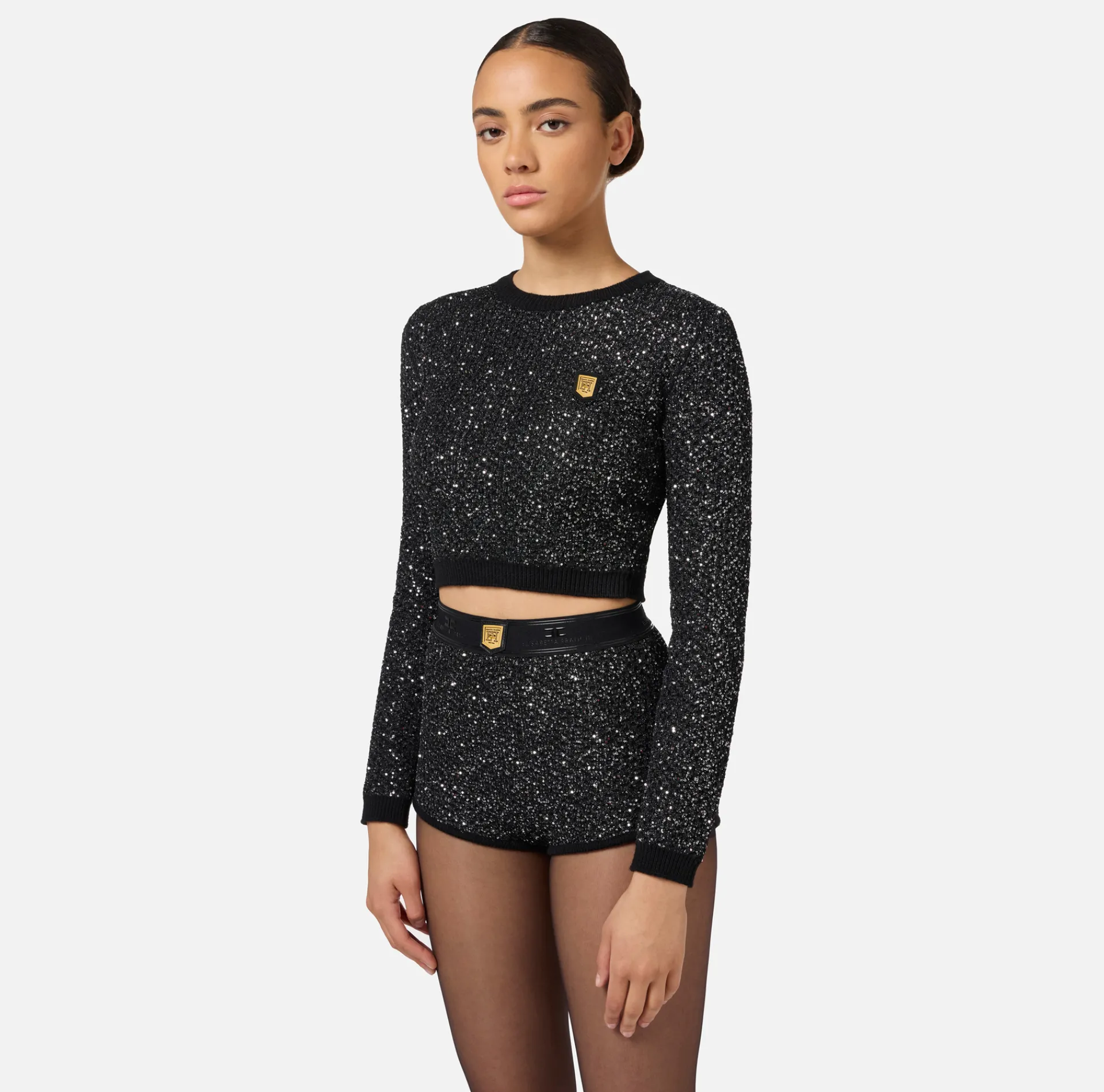Elisabetta Franchi Knitwear And Sweatshirts|Wool cropped top with sequin thread Black/Silver