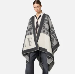 Elisabetta Franchi Coats And Jackets|Wool jacquard cape with lettering Pearl/Steel