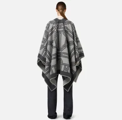 Elisabetta Franchi Coats And Jackets|Wool jacquard cape with lettering Pearl/Steel