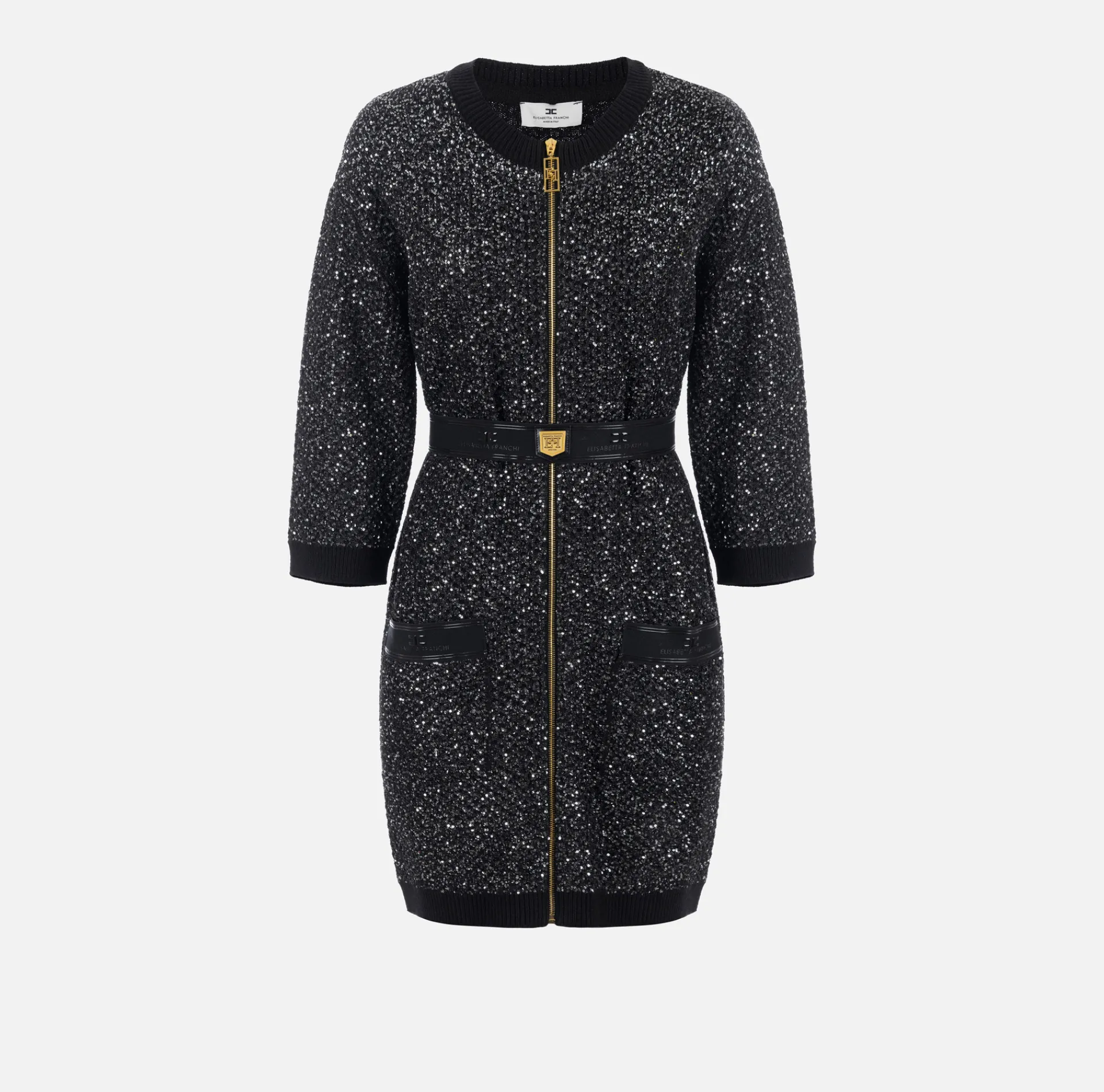 Elisabetta Franchi Mini Dresses|Knitted Dresses|Wool mini-dress with sequin thread Black/Silver