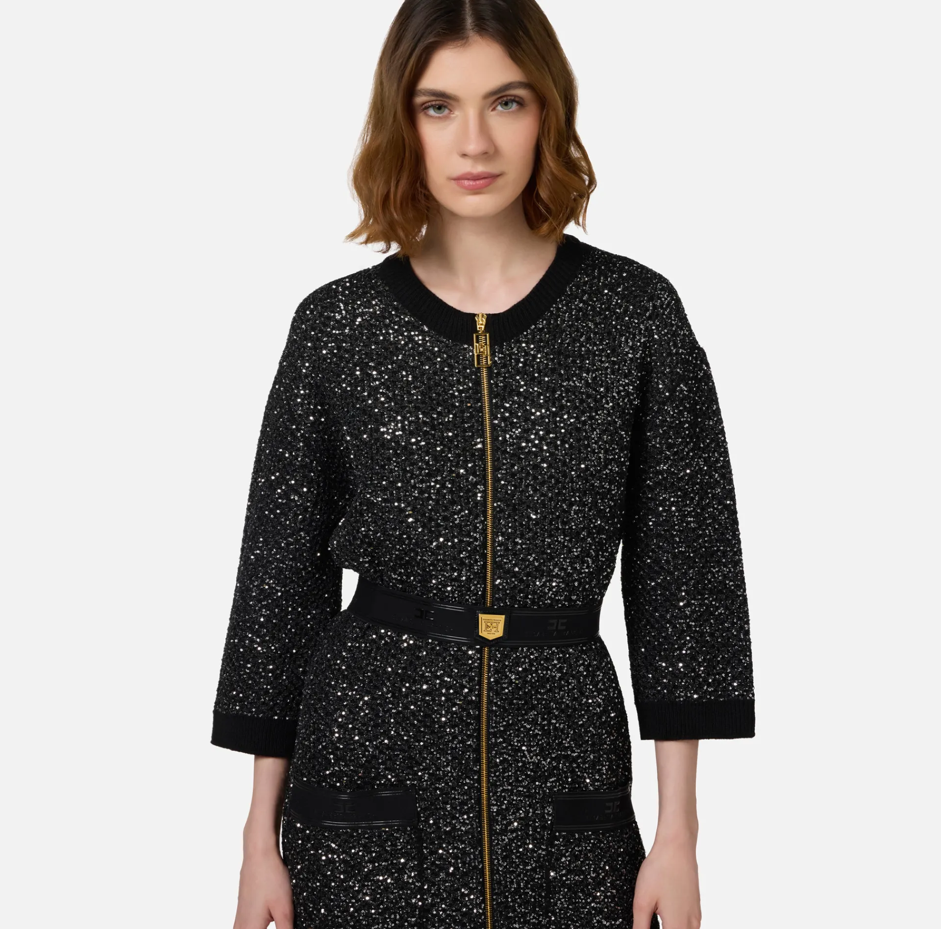 Elisabetta Franchi Mini Dresses|Knitted Dresses|Wool mini-dress with sequin thread Black/Silver