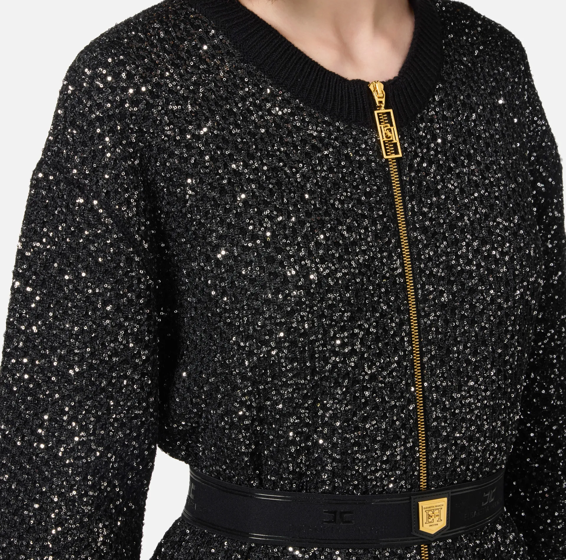 Elisabetta Franchi Mini Dresses|Knitted Dresses|Wool mini-dress with sequin thread Black/Silver
