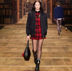 Elisabetta Franchi Mini Dresses|Dresses|Wool tartan mini-dress with embroidered patch Black/RedPassion