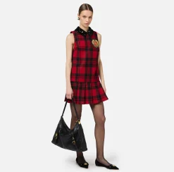 Elisabetta Franchi Mini Dresses|Dresses|Wool tartan mini-dress with embroidered patch Black/RedPassion