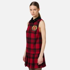 Elisabetta Franchi Mini Dresses|Dresses|Wool tartan mini-dress with embroidered patch Black/RedPassion