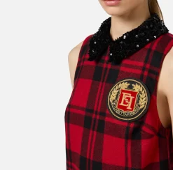 Elisabetta Franchi Mini Dresses|Dresses|Wool tartan mini-dress with embroidered patch Black/RedPassion