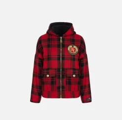 Elisabetta Franchi Coats And Jackets|Wool tartan padded jacket with hood and embroidered patch RedPassion/Black