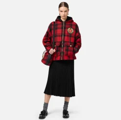 Elisabetta Franchi Coats And Jackets|Wool tartan padded jacket with hood and embroidered patch RedPassion/Black