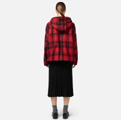 Elisabetta Franchi Coats And Jackets|Wool tartan padded jacket with hood and embroidered patch RedPassion/Black