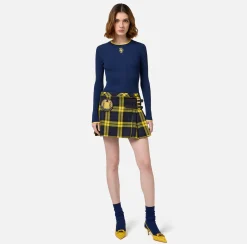 Elisabetta Franchi Skirts|Wool tartan pleated miniskirt with embroidered patch