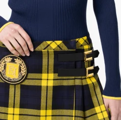 Elisabetta Franchi Skirts|Wool tartan pleated miniskirt with embroidered patch Navy/Mimosa